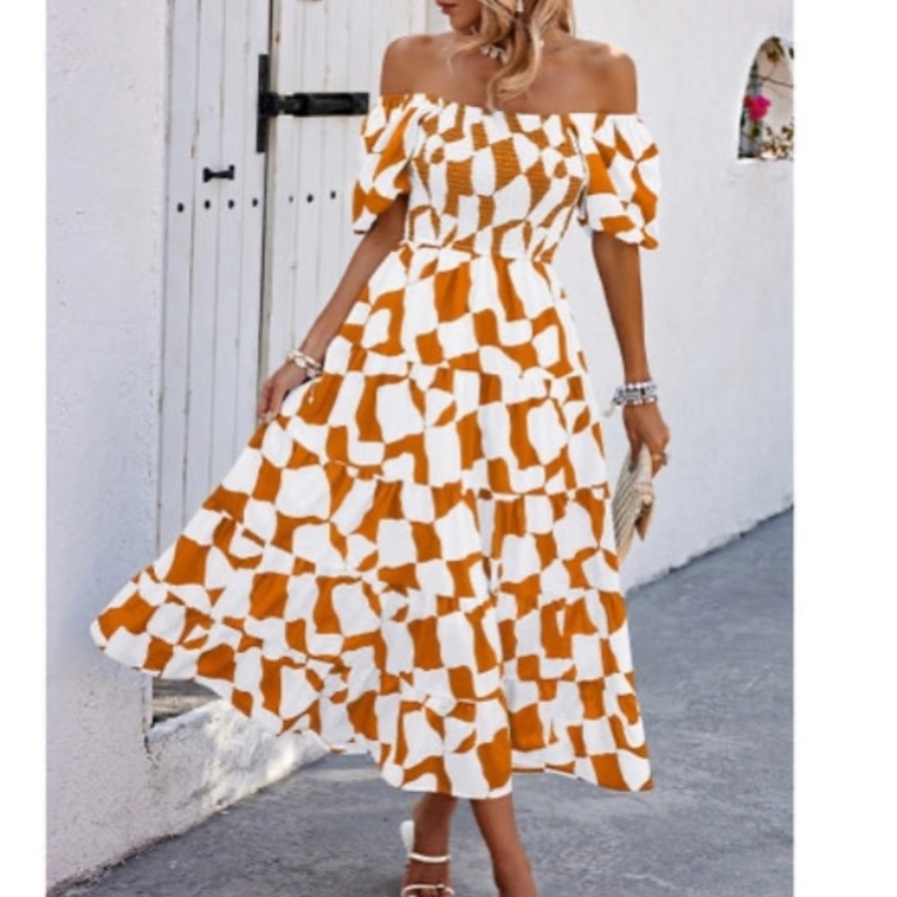 Off-Shoulder Orange and White Dress